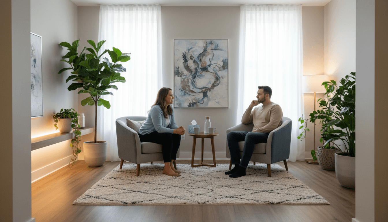 Therapist and client in confidential consultation room with warm lighting, comfortable seating, and calming neutral interior design